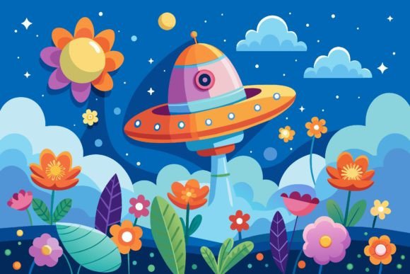 Download Spaceship Sky Cartoon with Flowers on a - Space Collection