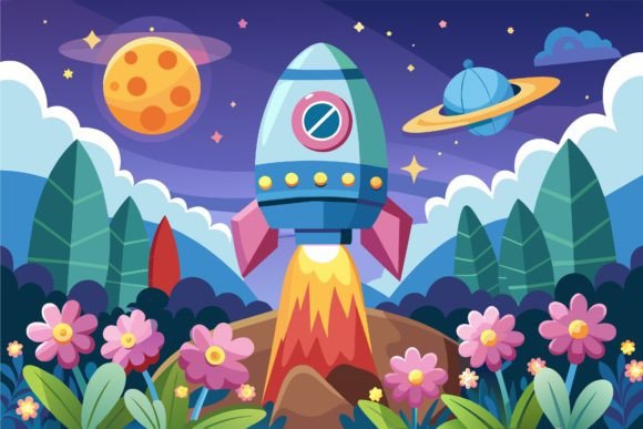 Download Spaceship Sky Cartoon with Flowers on a - Space Collection