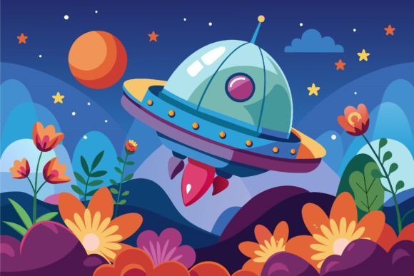 Download Spaceship Sky Cartoon with Flowers on a - Space Collection