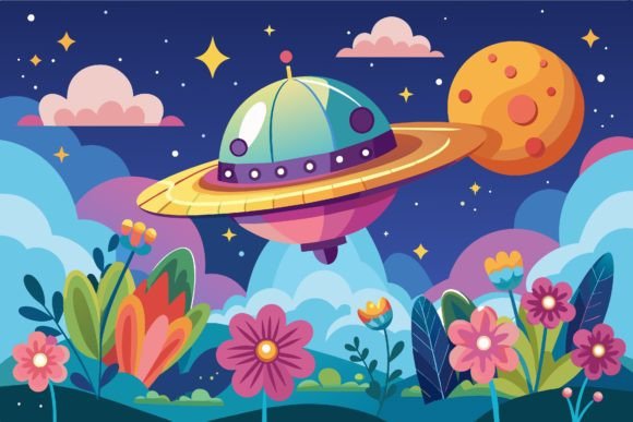 Download Spaceship Sky Cartoon with Flowers on a - Space Collection