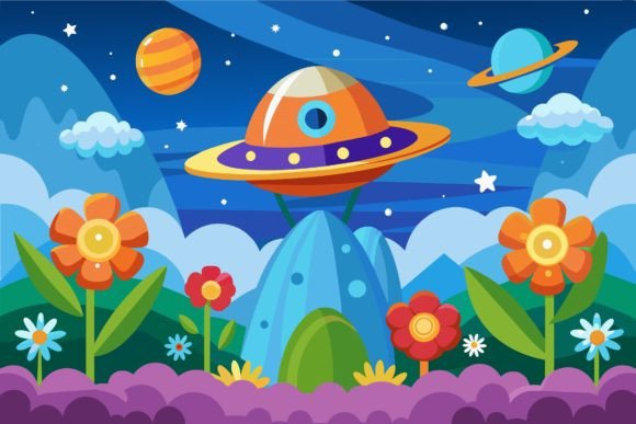Download Spaceship Sky Cartoon with Flowers on a - Space Collection