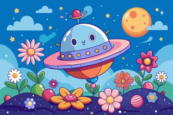 Download Spaceship Sky Cartoon with Flowers on a - Space Collection